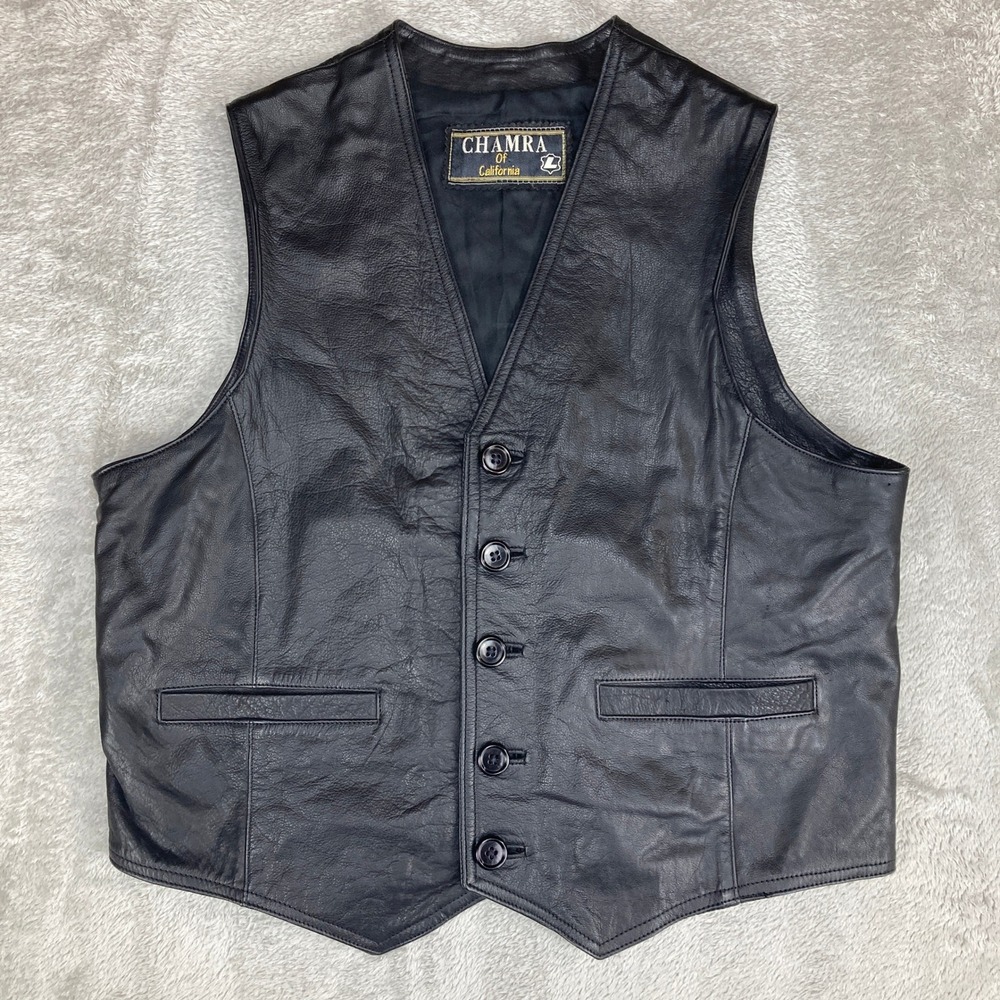 Vintage Chamra California Black Leather Vest Mens Medium Motorcycle Biker‎ Gilet